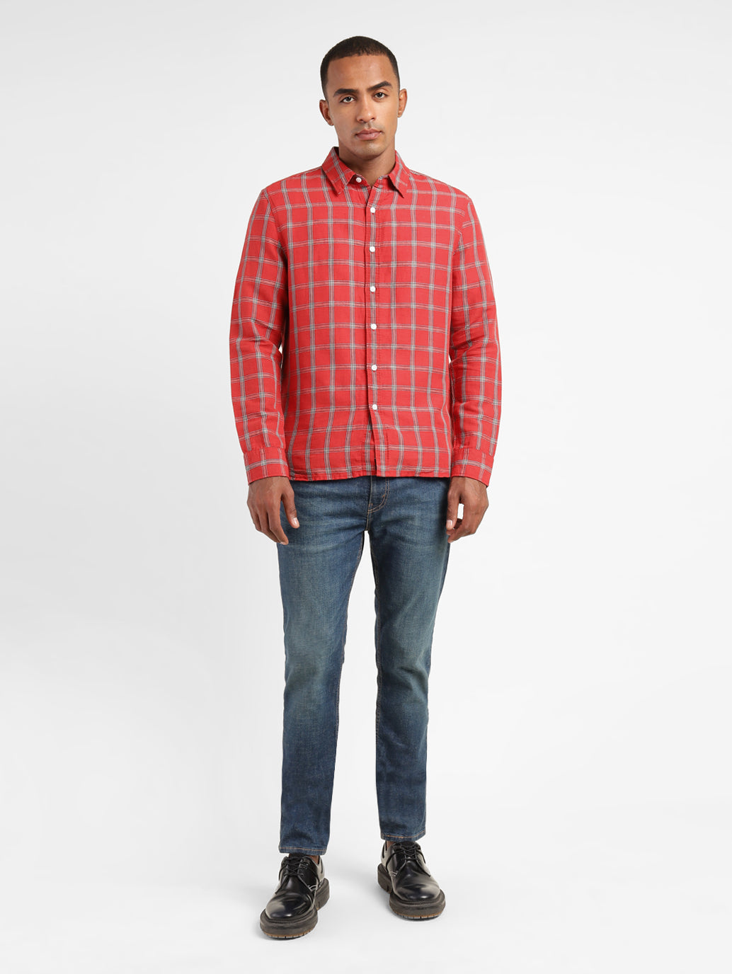 Men's Checkered Spread Collar Linen Shirt