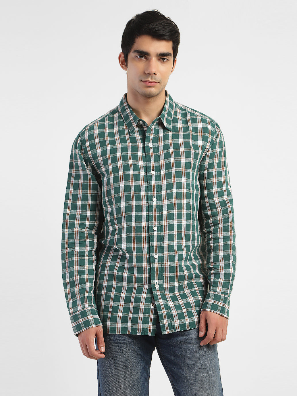 Men's Checkered Spread Collar Linen Shirt