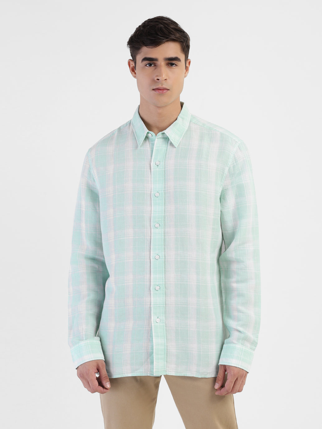 Men's Checkered Spread Collar Linen Shirt Blue
