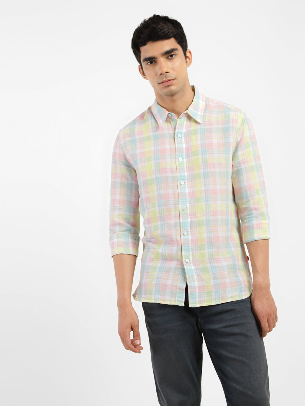 Men's Checkered Spread Collar Linen Shirt - 2ddc7c65-bf48-437d-adb9-fc84a87f665c View