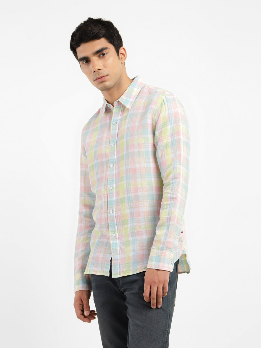 Men's Checkered Spread Collar Linen Shirt - c76e68ea-258b-48d2-b375-bc1b77a5957e View