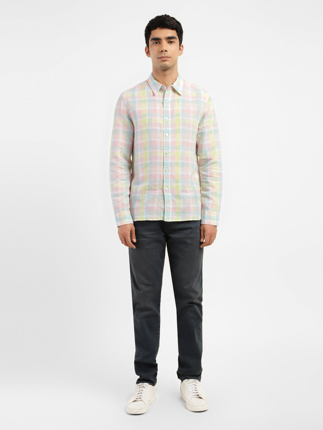 Men's Checkered Spread Collar Linen Shirt - 4fad3f21-4fc2-44fc-ae9b-dd8a74364a8b View
