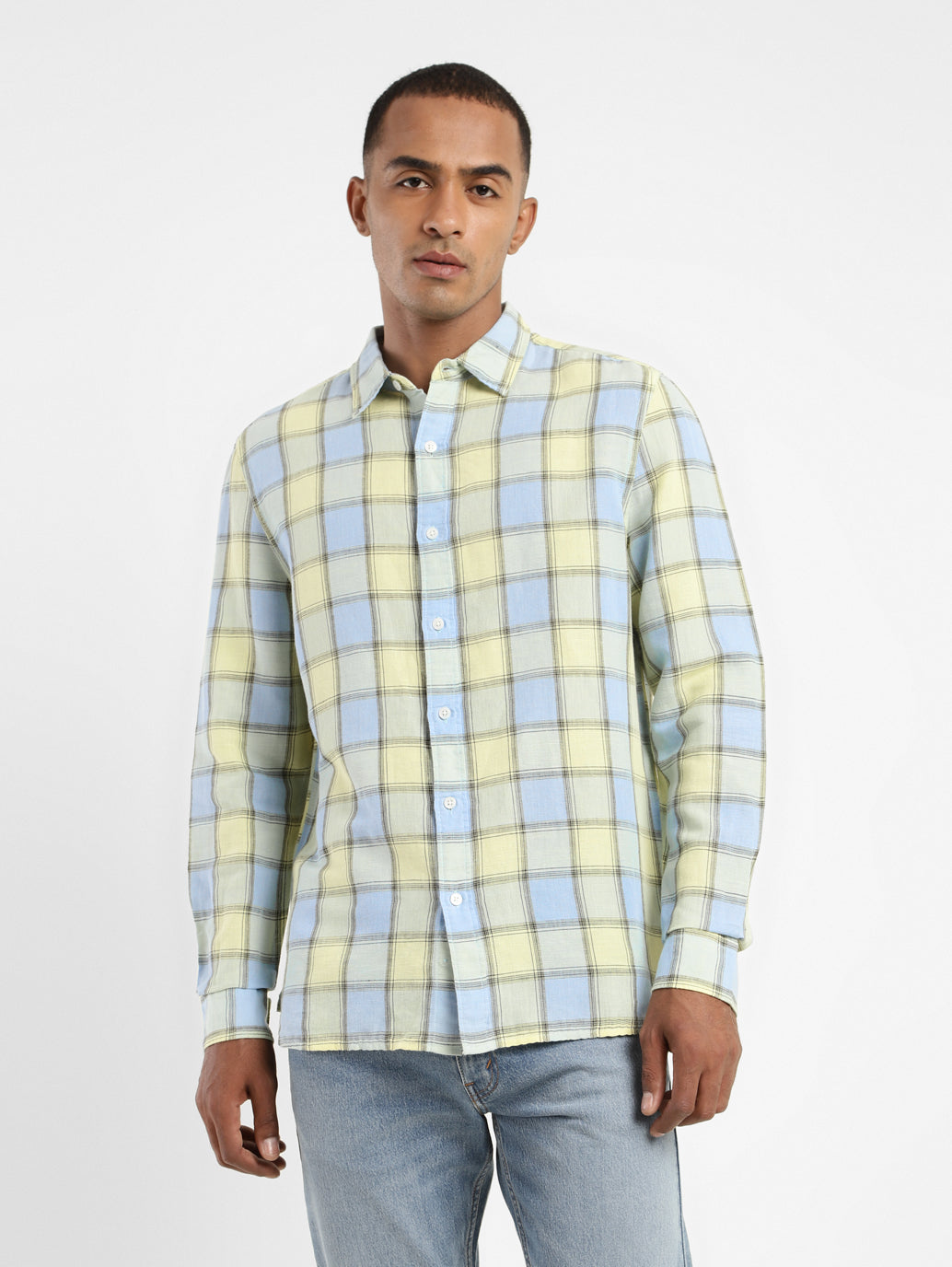 Men's Checkered Spread Collar Linen Shirt