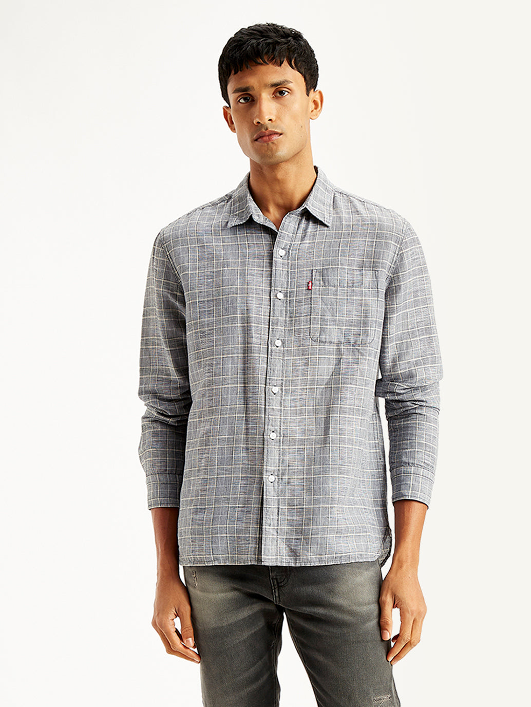 Men's Checkered Spread Collar Shirt - Front View