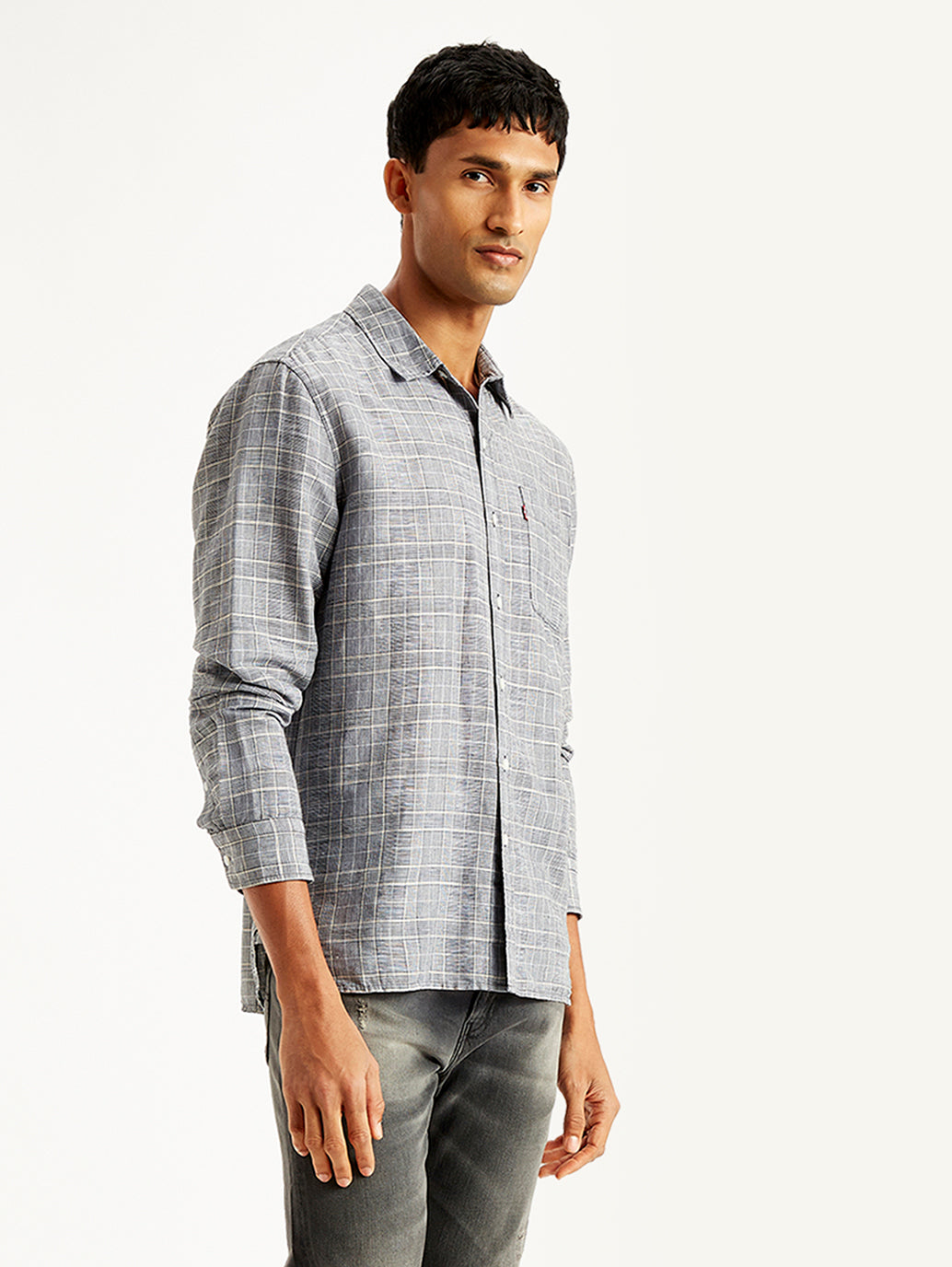 Men's Checkered Spread Collar Shirt - Side View