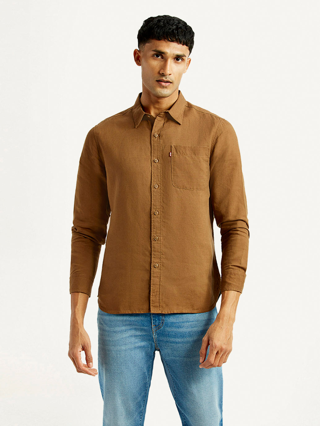 Men's Solid Slim Fit Linen Shirt - Front View