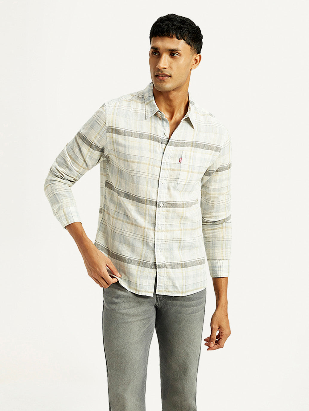 Men's Plaid Slim Fit Linen Shirt - Styleshot View