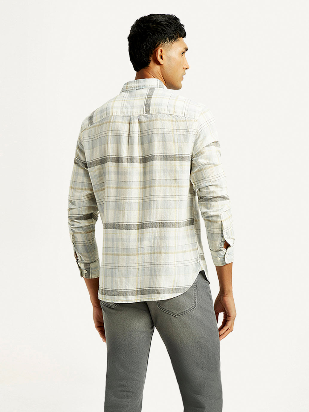 Men's Plaid Slim Fit Linen Shirt - Back View