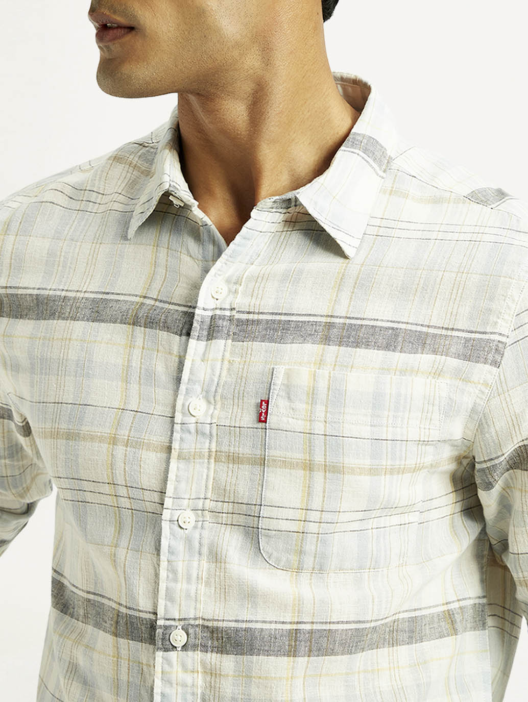 Men's Plaid Slim Fit Linen Shirt - Detail View