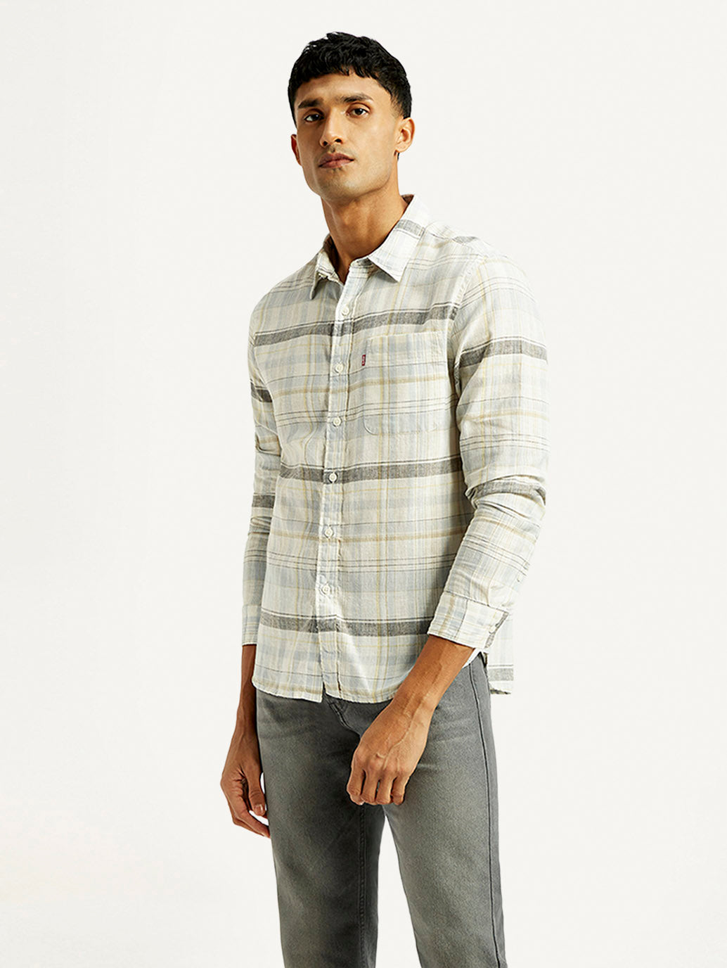 Men's Plaid Slim Fit Linen Shirt - Side View