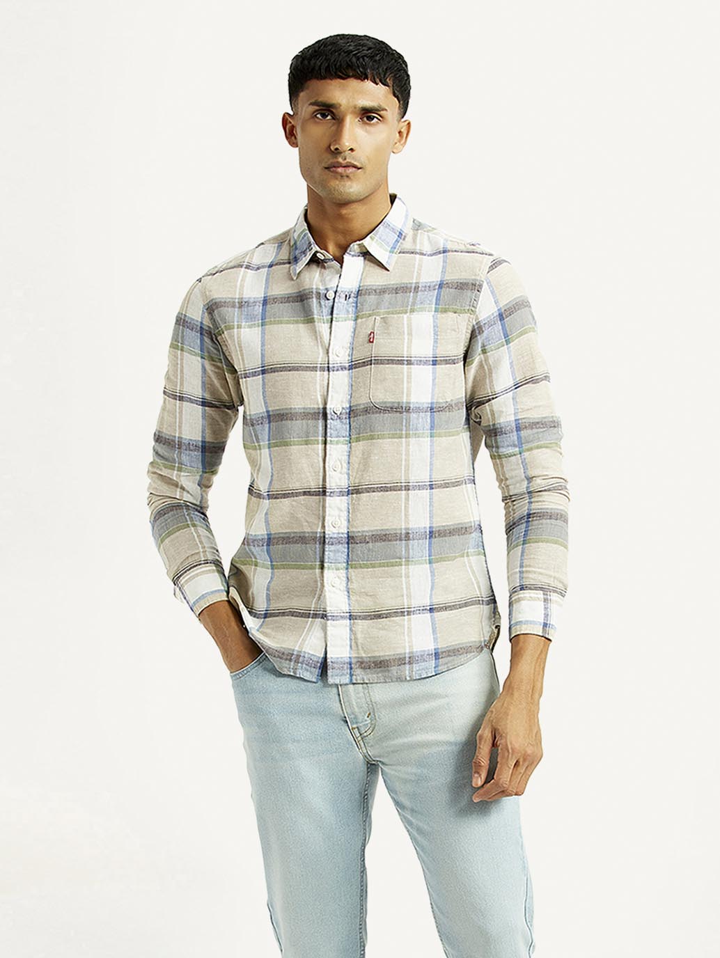 Men's Plaid Slim Fit Linen Shirt