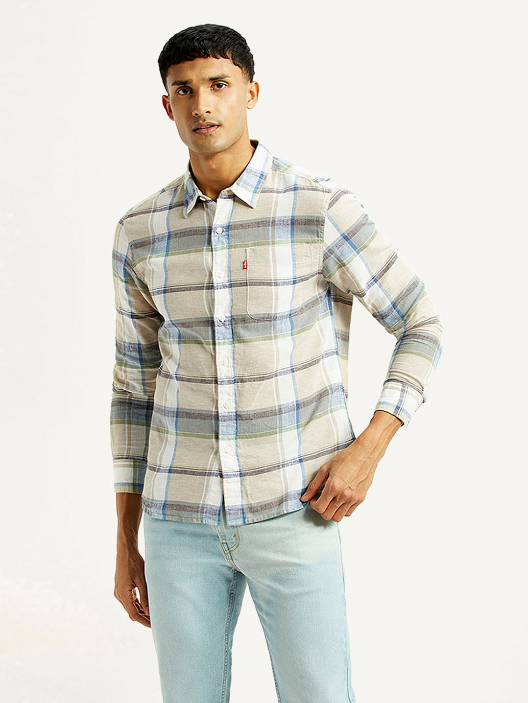 Men's Plaid Slim Fit Linen Shirt - Front View