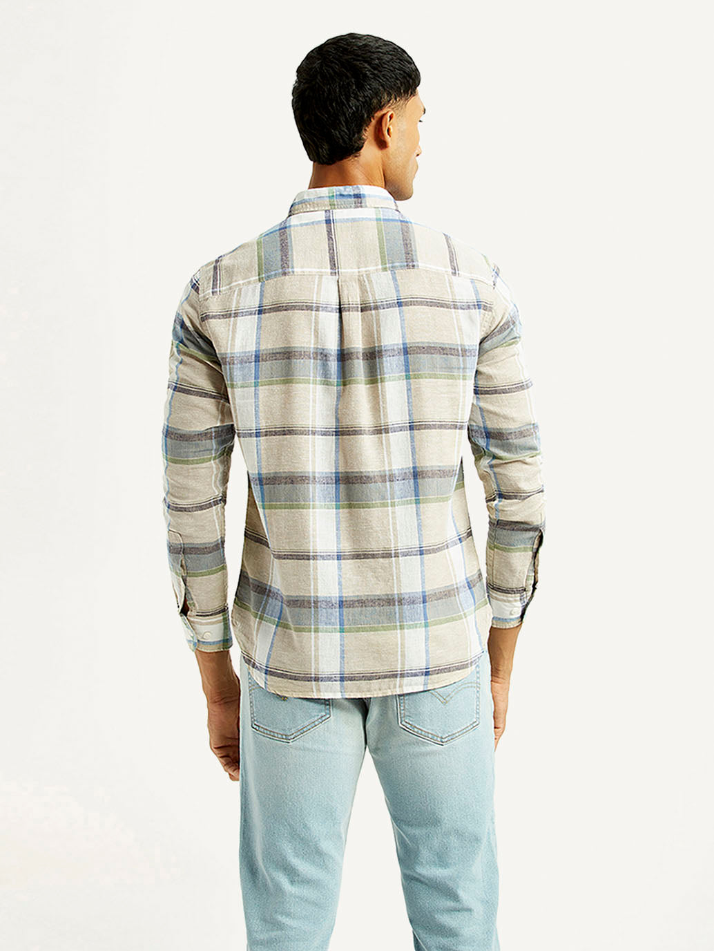 Men's Plaid Slim Fit Linen Shirt - Back View