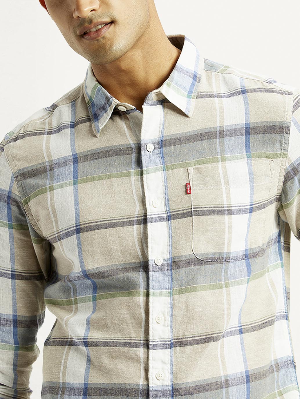 Men's Plaid Slim Fit Linen Shirt - Detail View