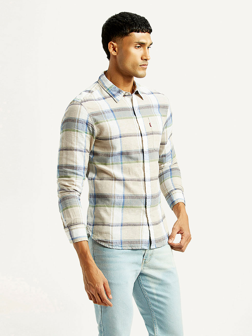 Men's Plaid Slim Fit Linen Shirt - Side View
