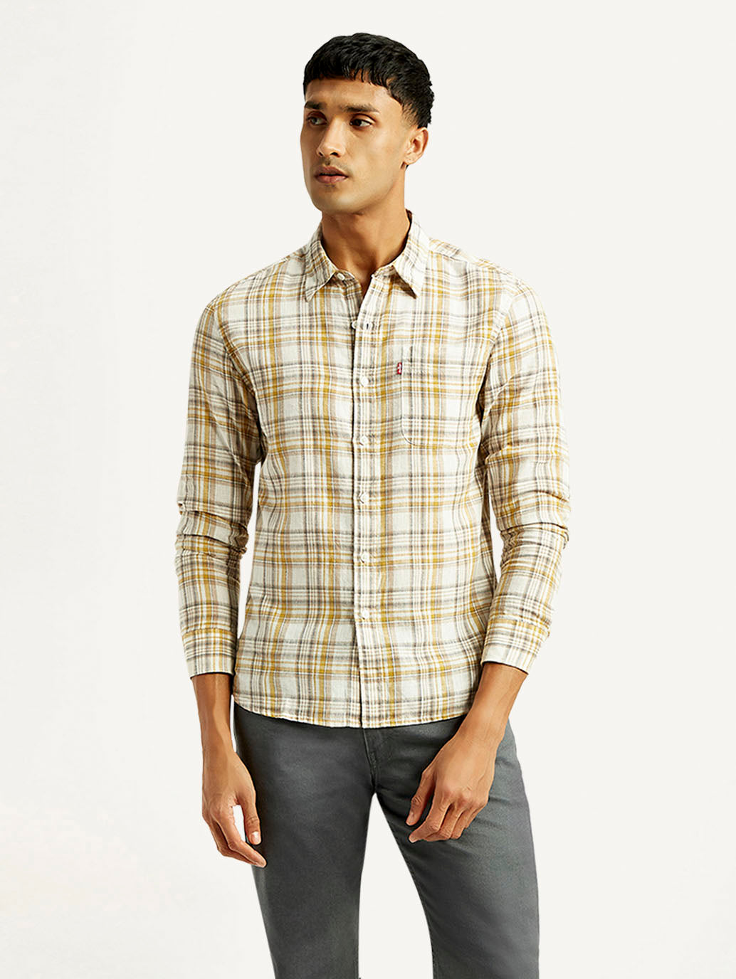 Men's Checkered Slim Fit Linen Shirt - Styleshot View