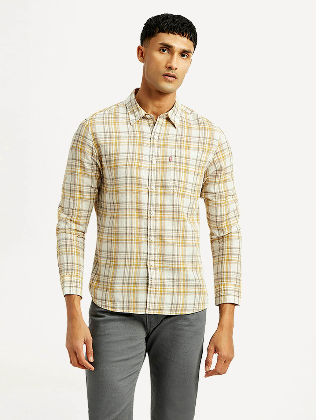 Men's Checkered Slim Fit Linen Shirt - Front View