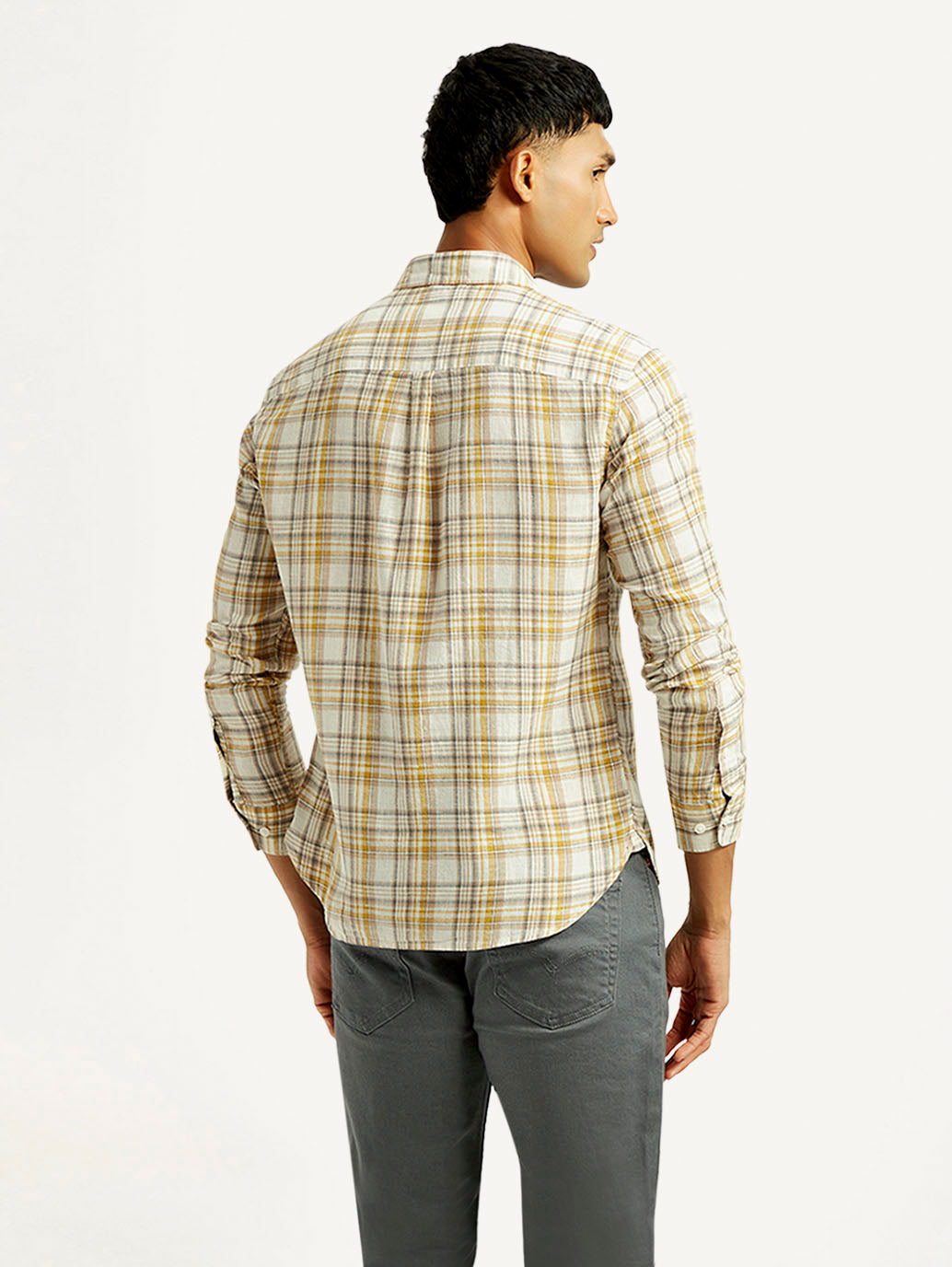 Men's Checkered Slim Fit Linen Shirt - Back View