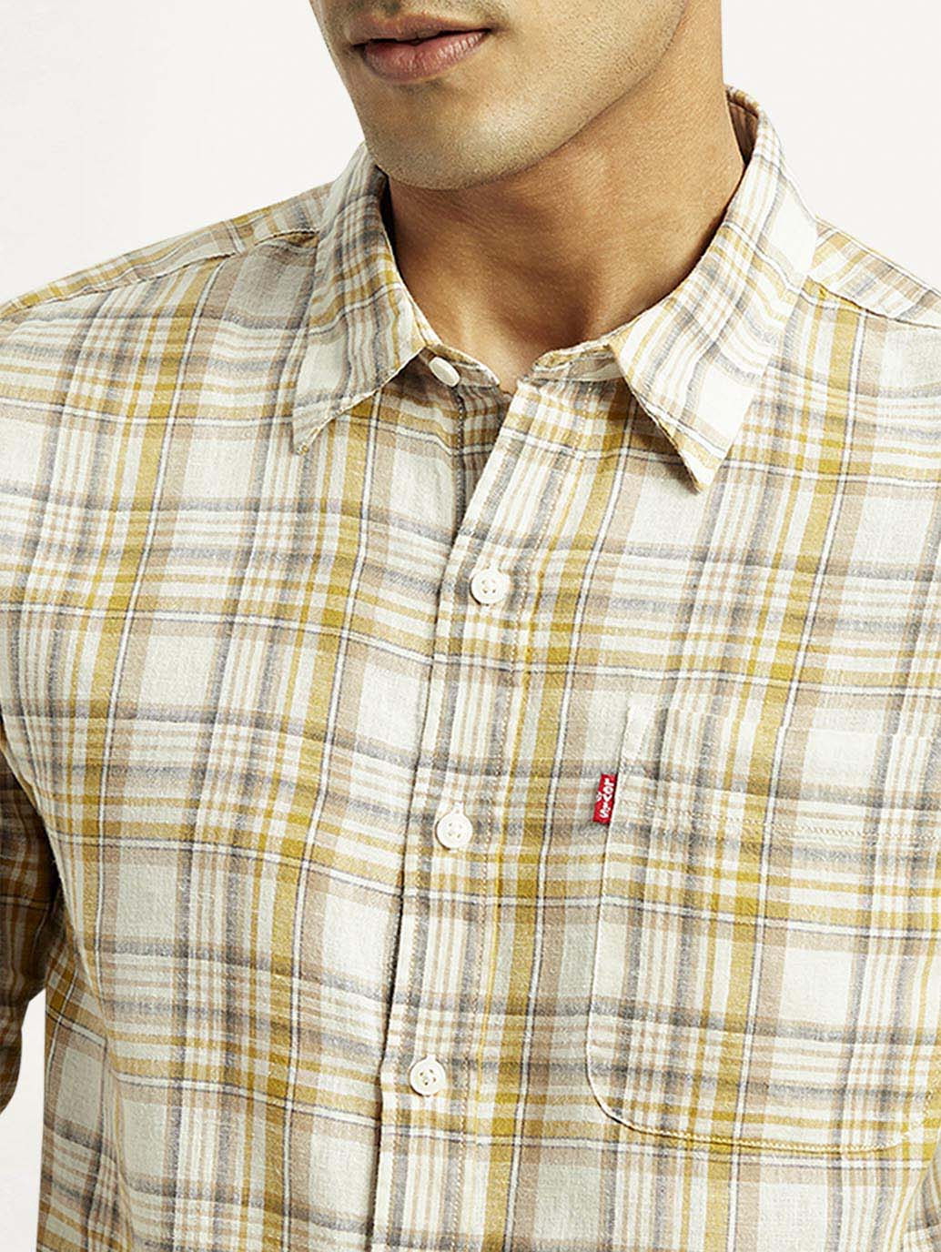 Men's Checkered Slim Fit Linen Shirt - Detail View