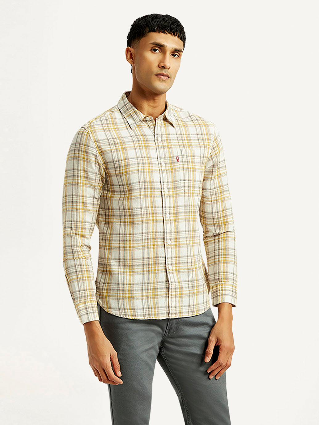 Men's Checkered Slim Fit Linen Shirt - Side View