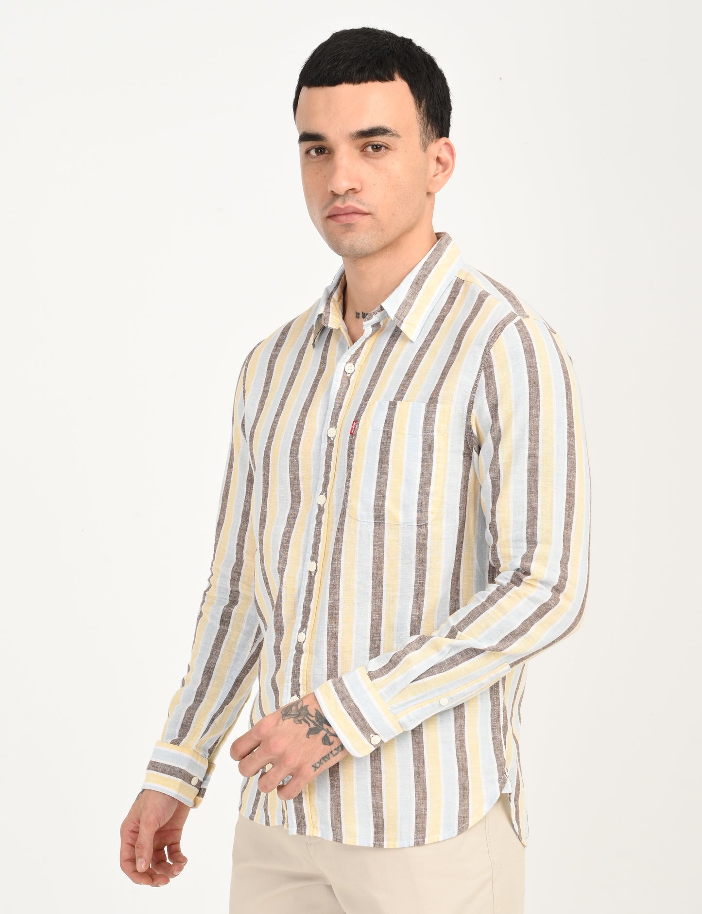 Men's Striped Multi Color Slim Fit Linen Shirt - side View