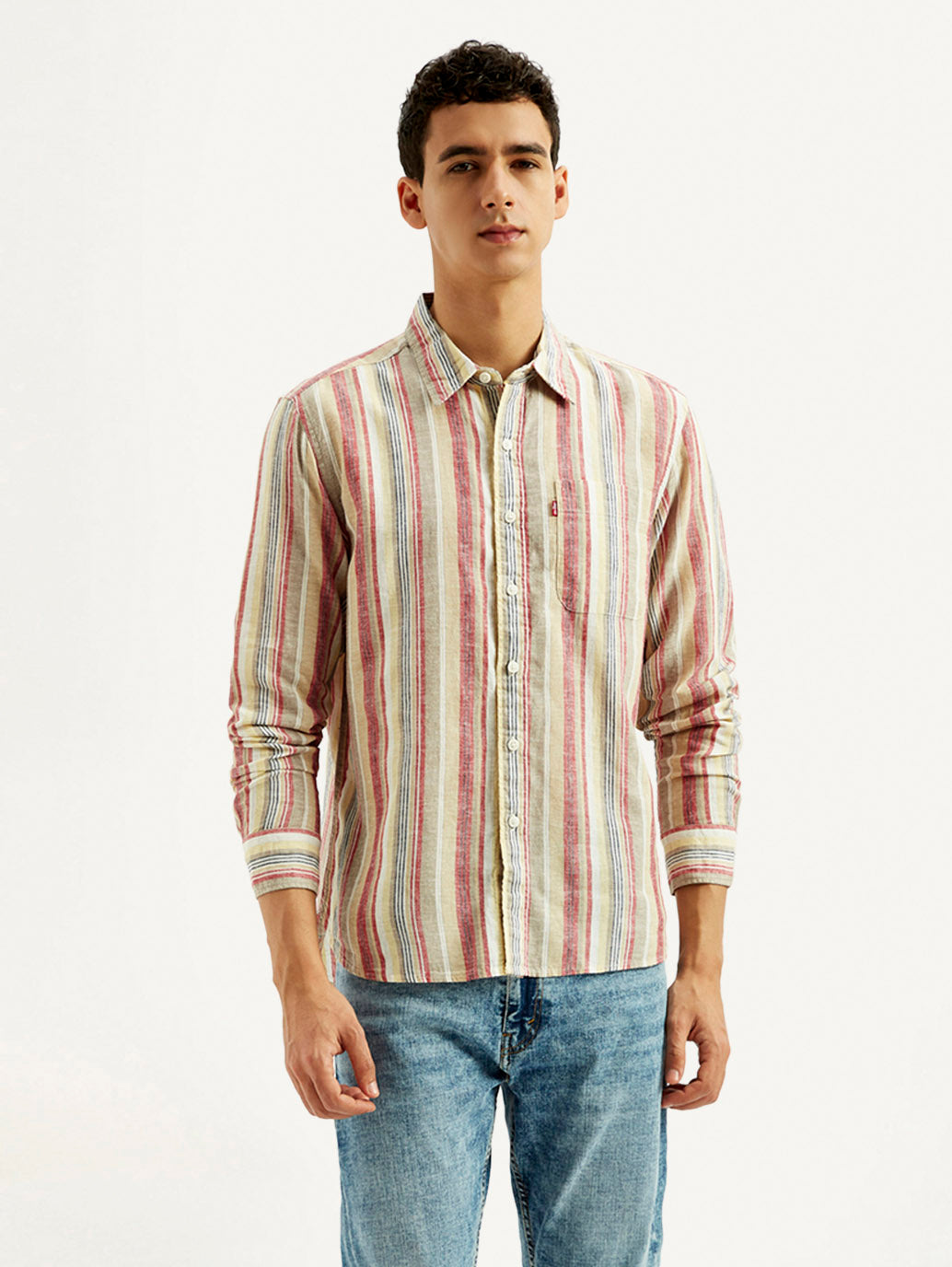 Men's Striped Slim Fit Linen Shirt - Front View