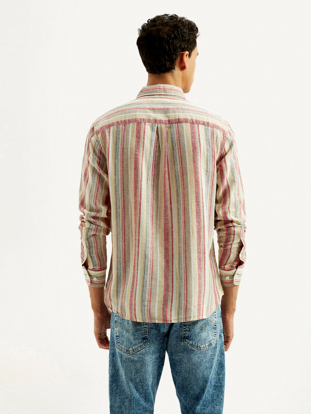 Men's Striped Slim Fit Linen Shirt - Back View