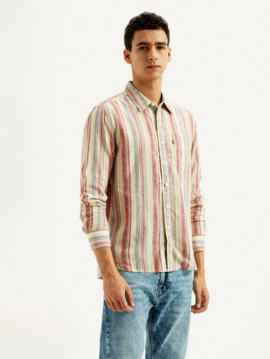Men's Striped Slim Fit Linen Shirt - Side View