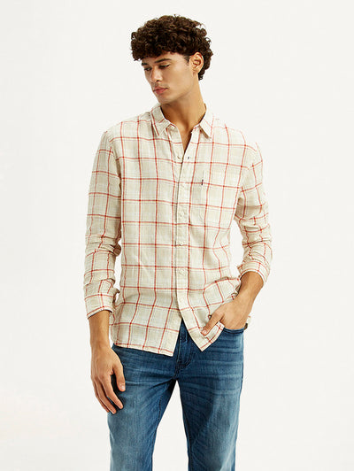 levi's Men's Checkered Light Pink Slim Fit Linen Shirt-picture-17