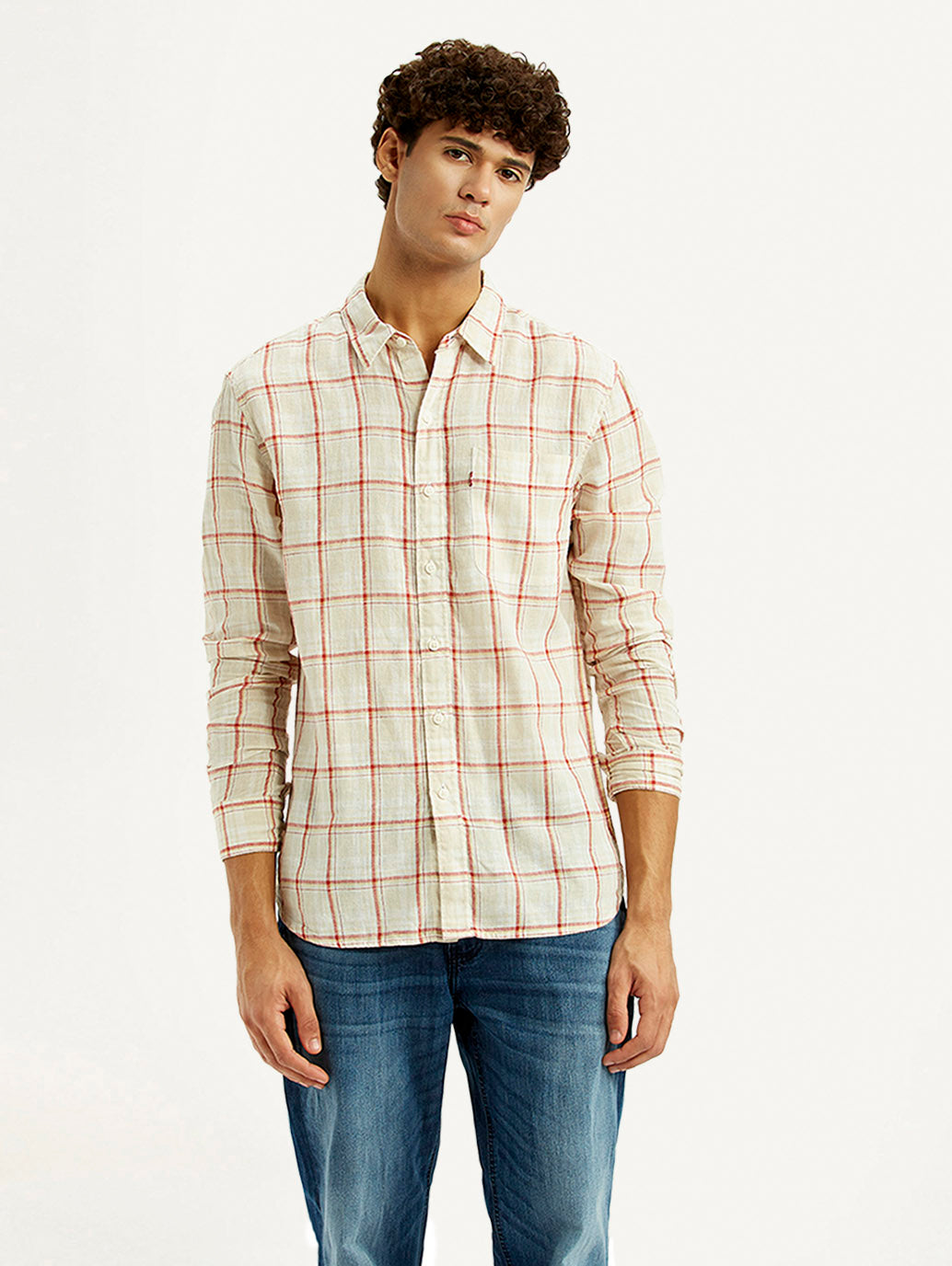 Men's Checkered Light Pink Slim Fit Linen Shirt - Front View