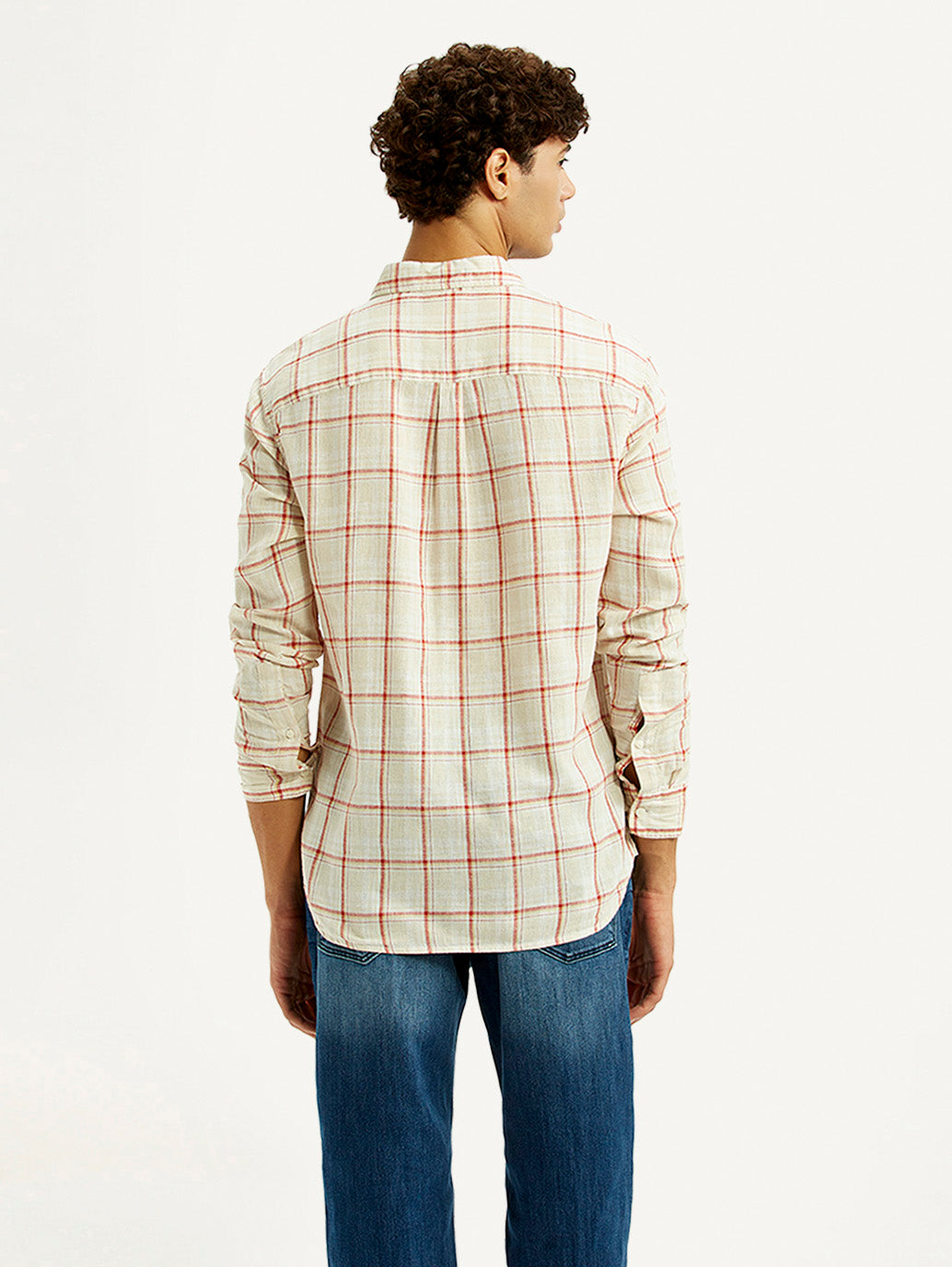 Men's Checkered Light Pink Slim Fit Linen Shirt - Back View