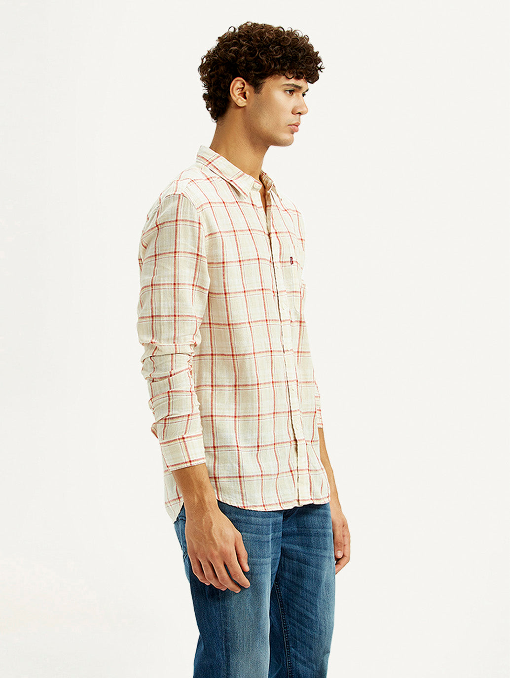 Men's Checkered Light Pink Slim Fit Linen Shirt - Side View
