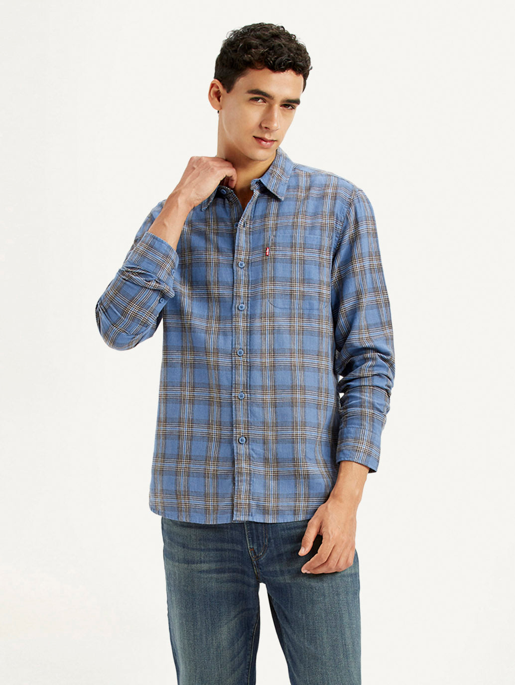 Men's Checkered Blue Slim Fit Linen Shirt - Styleshot View