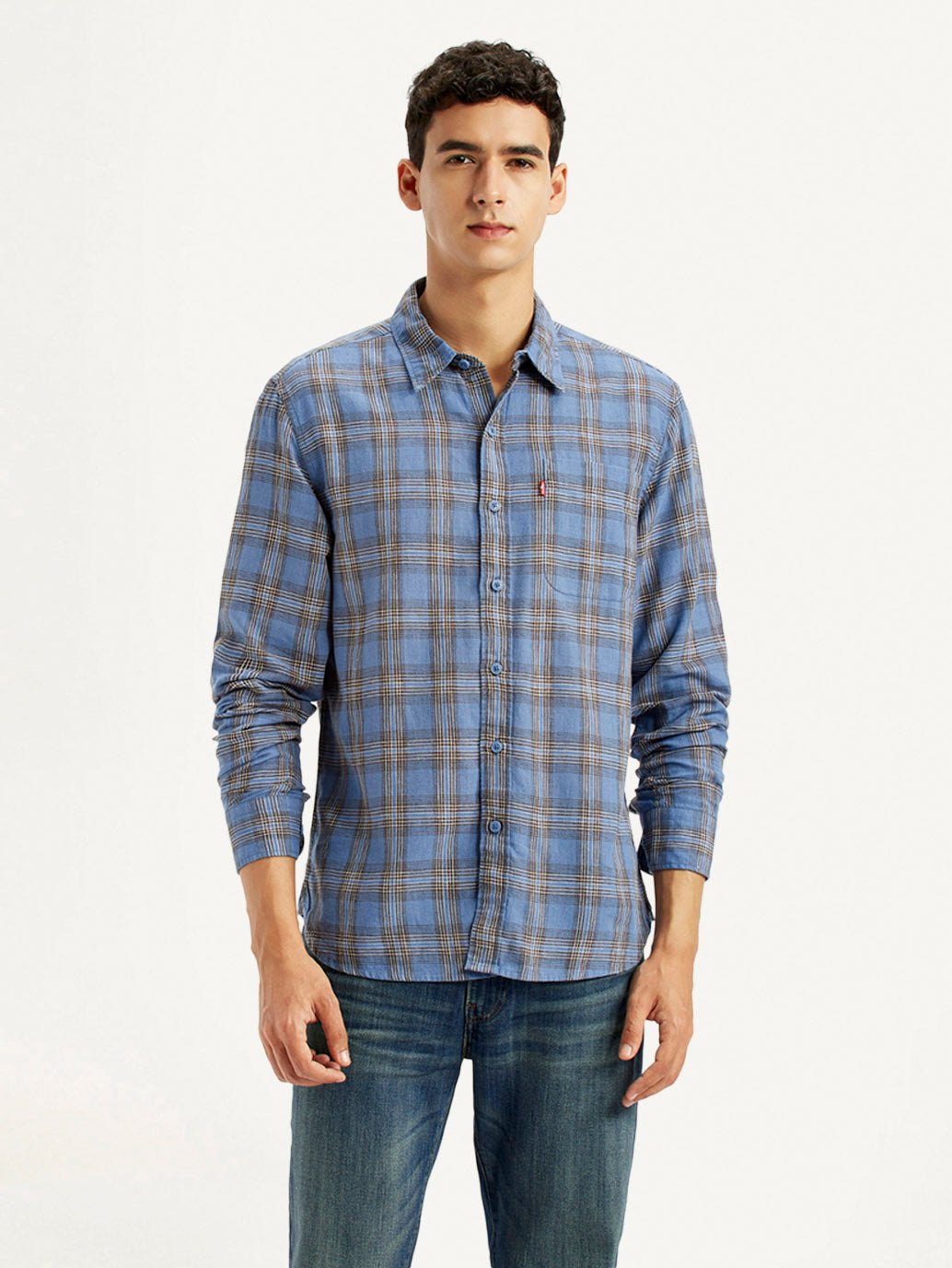 Men's Checkered Blue Slim Fit Linen Shirt - Front View