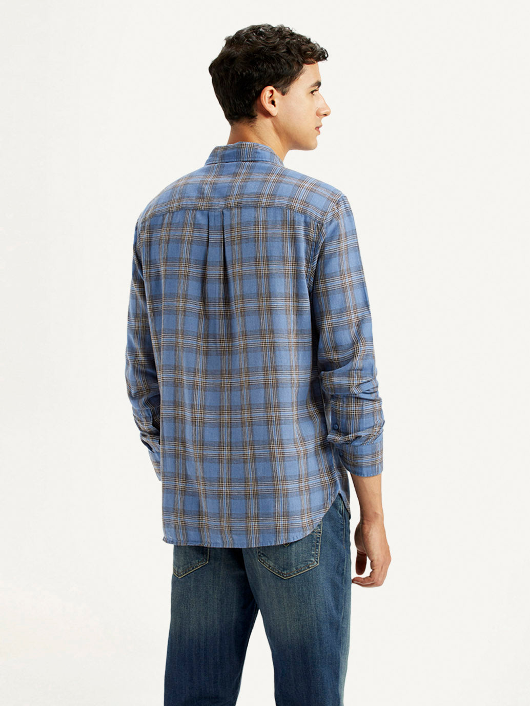 Men's Checkered Blue Slim Fit Linen Shirt - Back View