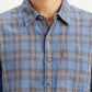 Men's Checkered Blue Slim Fit Linen Shirt - Detail View