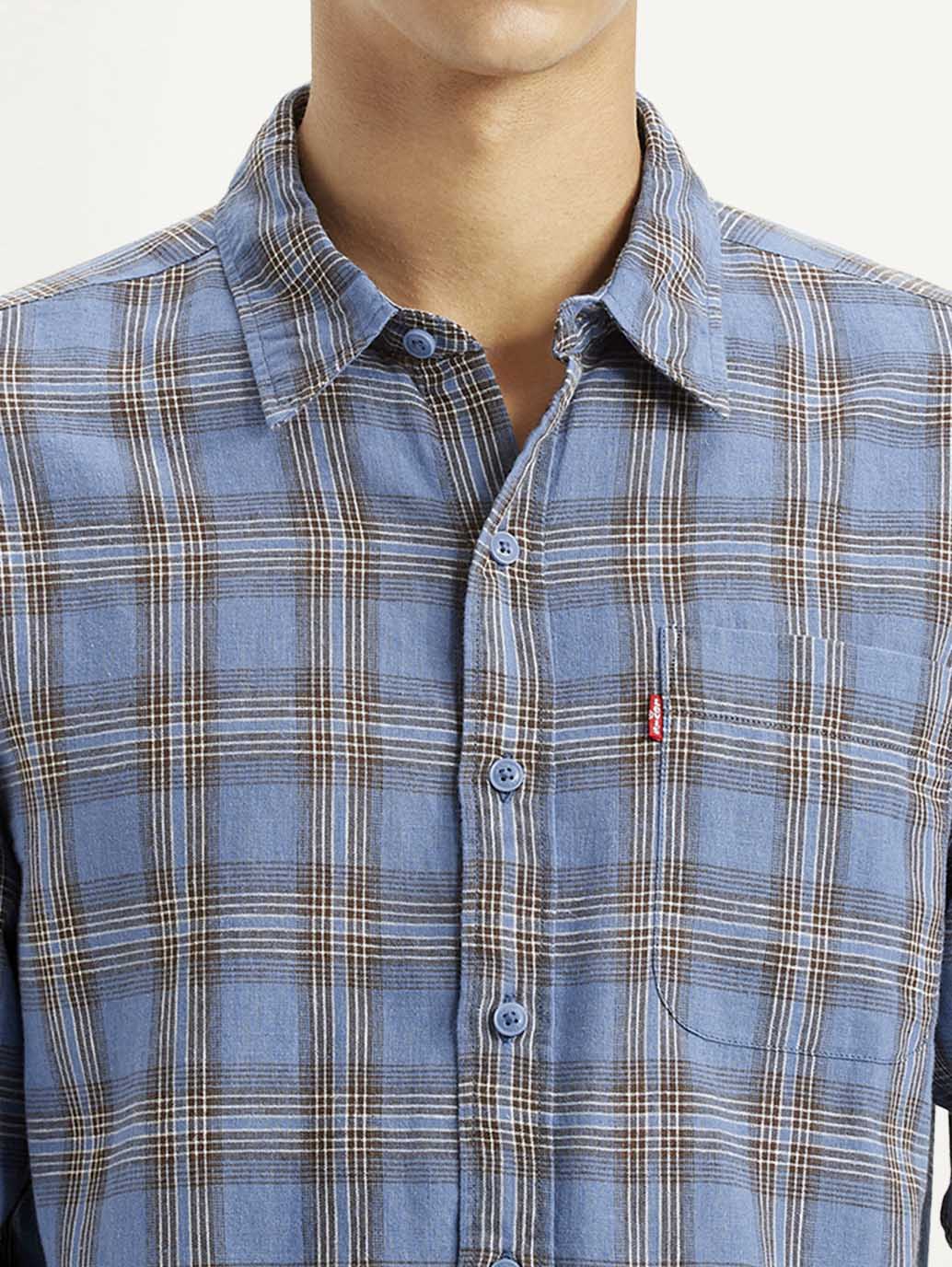 Men's Checkered Blue Slim Fit Linen Shirt - Detail View