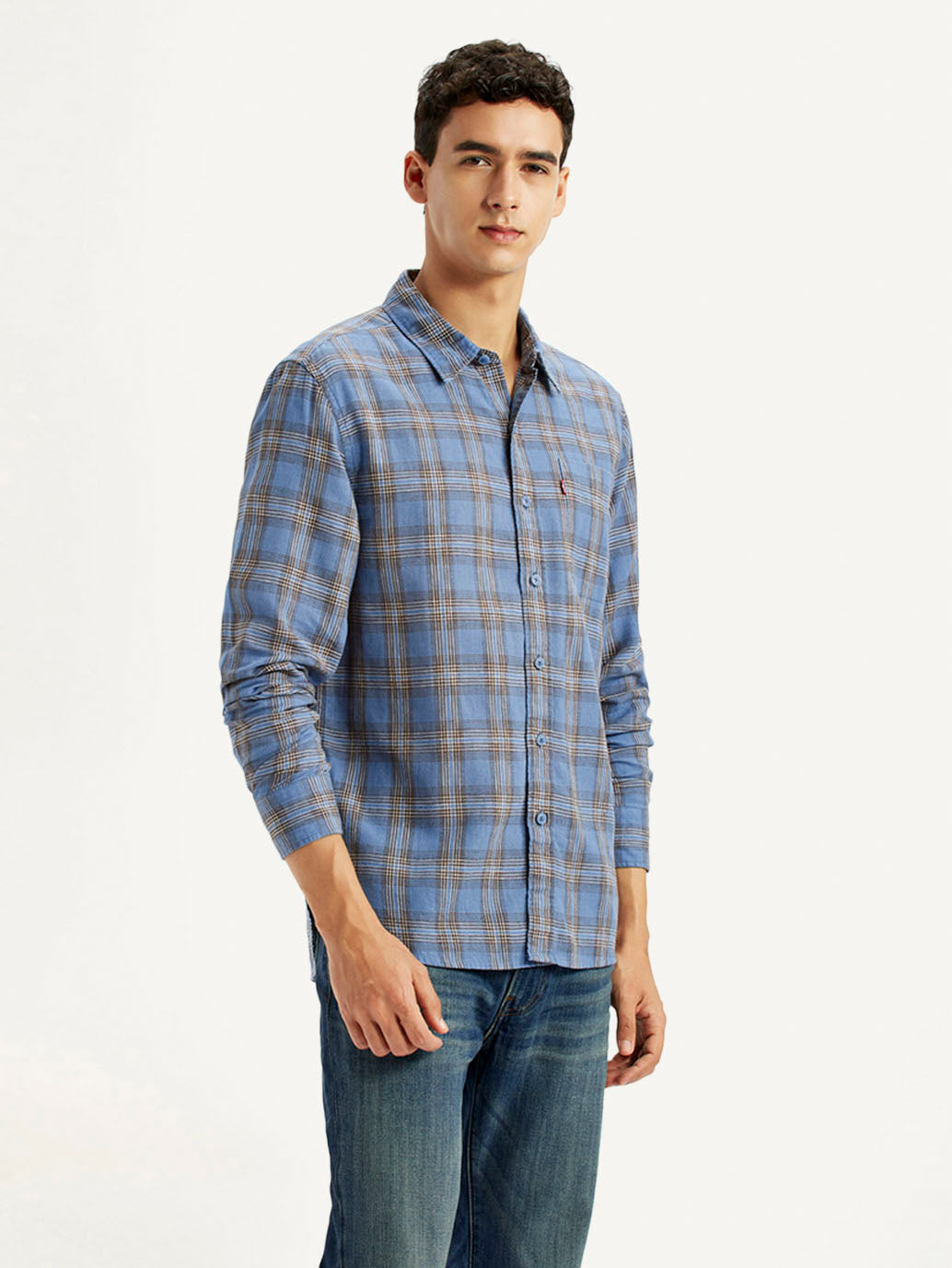 Men's Checkered Blue Slim Fit Linen Shirt - Side View