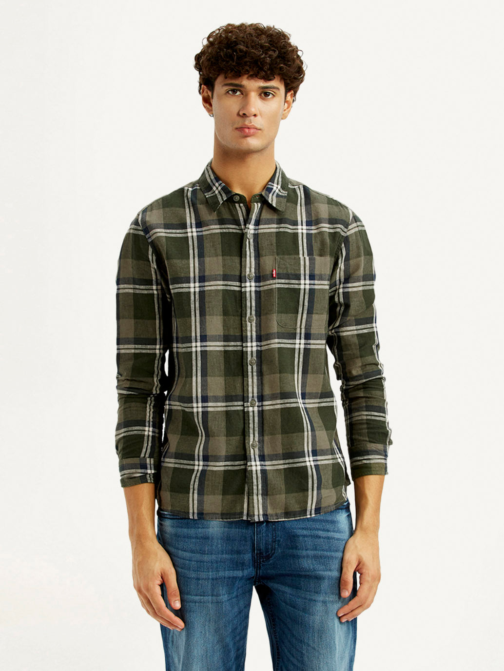 Men's Checkered Multi Color Slim Fit Linen Shirt - Front View