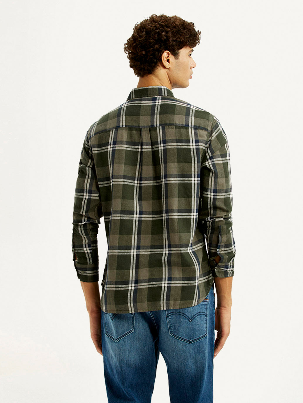 Men's Checkered Multi Color Slim Fit Linen Shirt - Back View