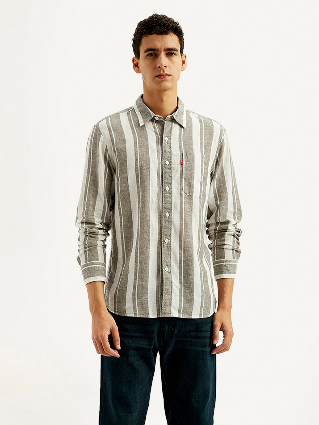 Men's Striped Slim Fit Linen Shirt - Front View
