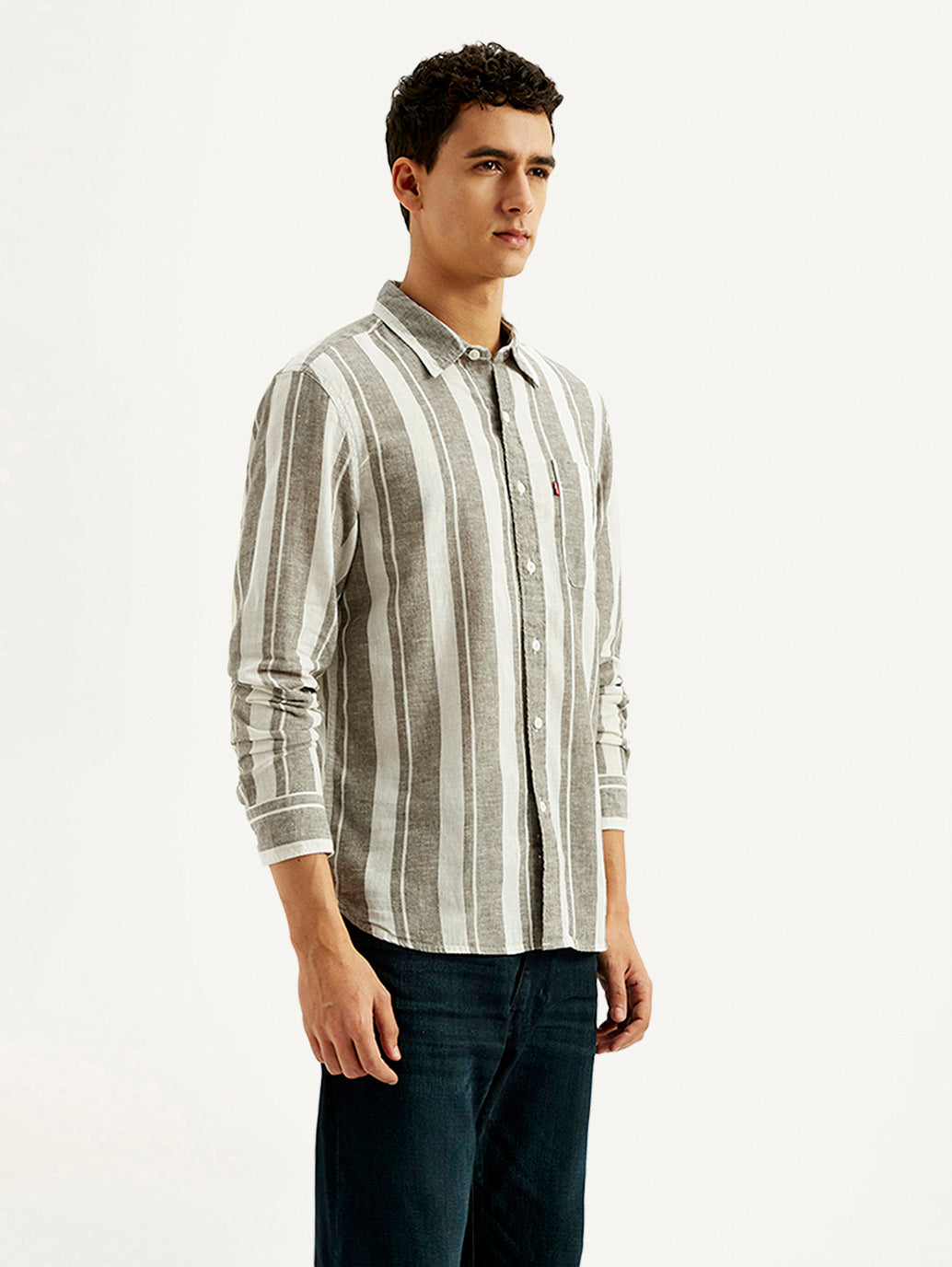 Men's Striped Slim Fit Linen Shirt - Side View