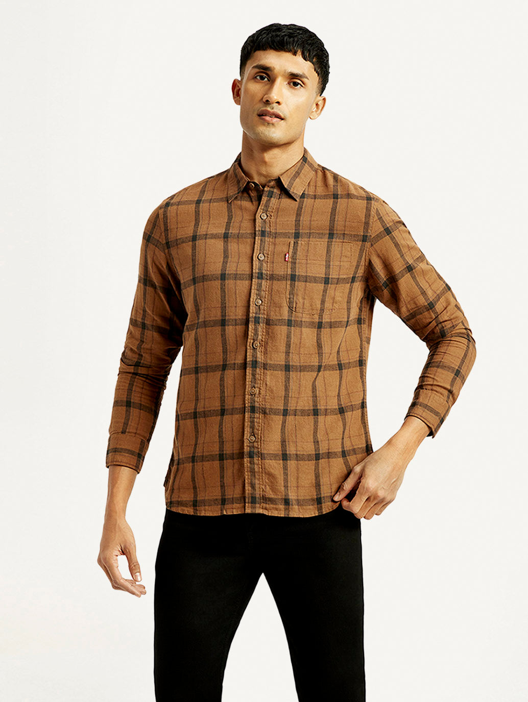 Men's Checkered Slim Fit Linen Shirt - Front View