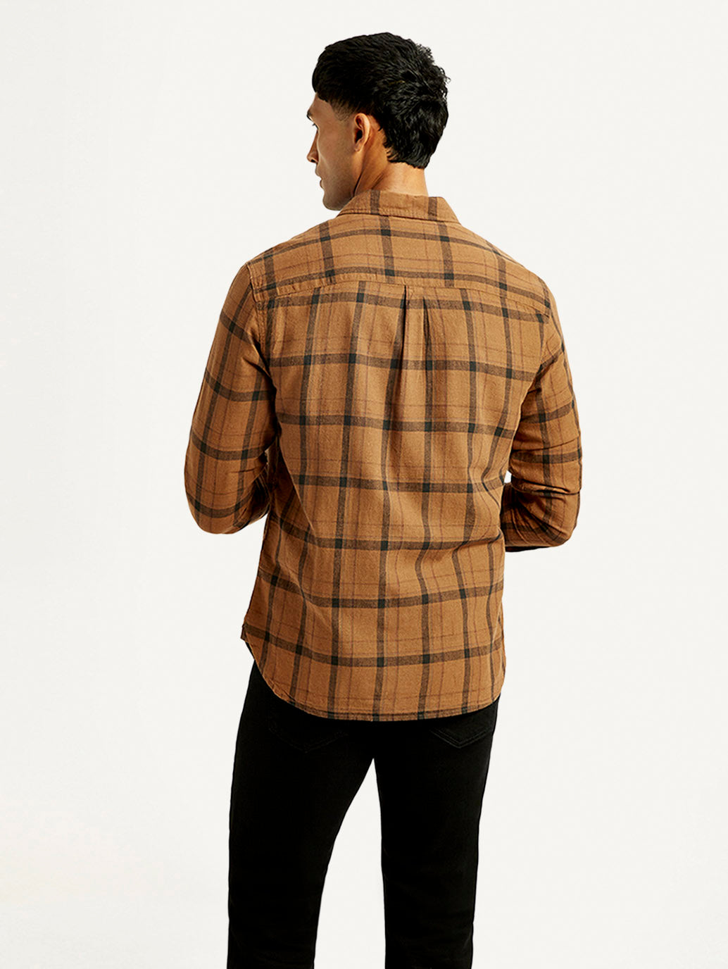 Men's Checkered Slim Fit Linen Shirt - Back View