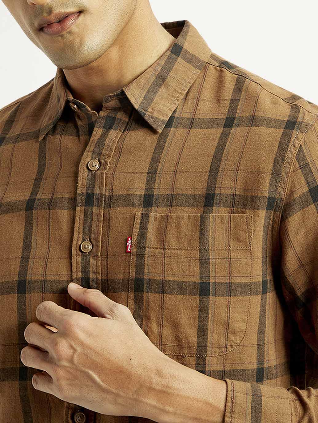 Men's Checkered Slim Fit Linen Shirt - Detail View