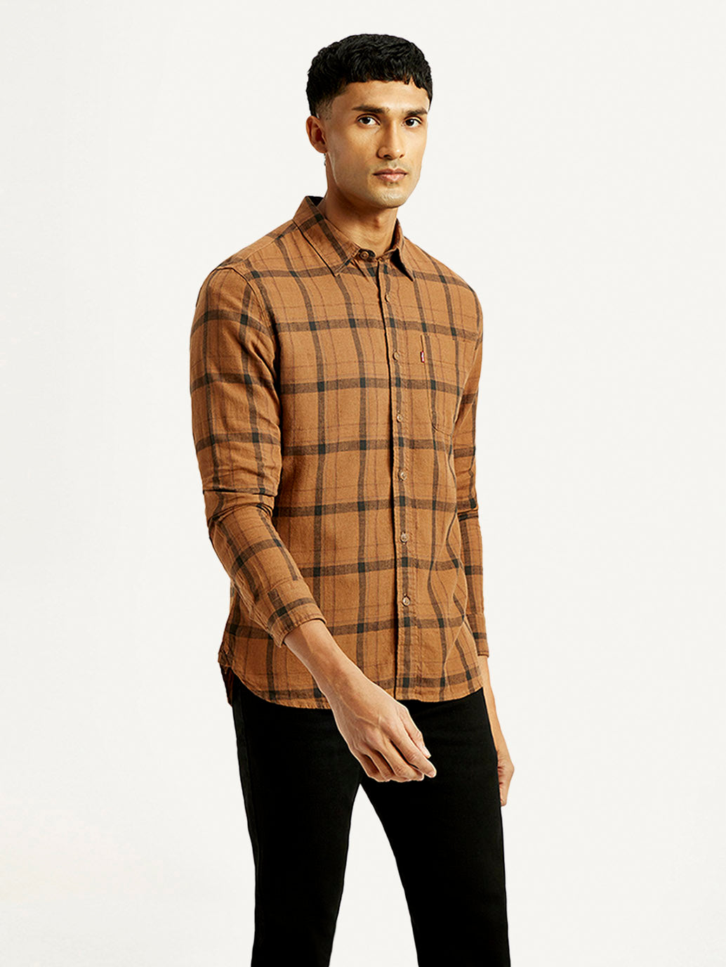 Men's Checkered Slim Fit Linen Shirt - Side View