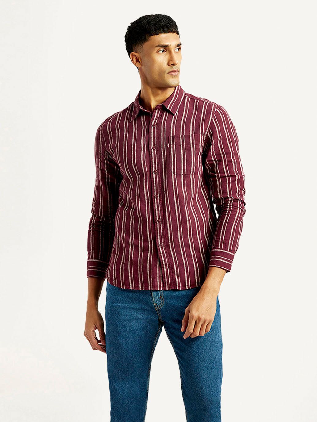 Men's Striped Slim Fit Linen Shirt - Front View