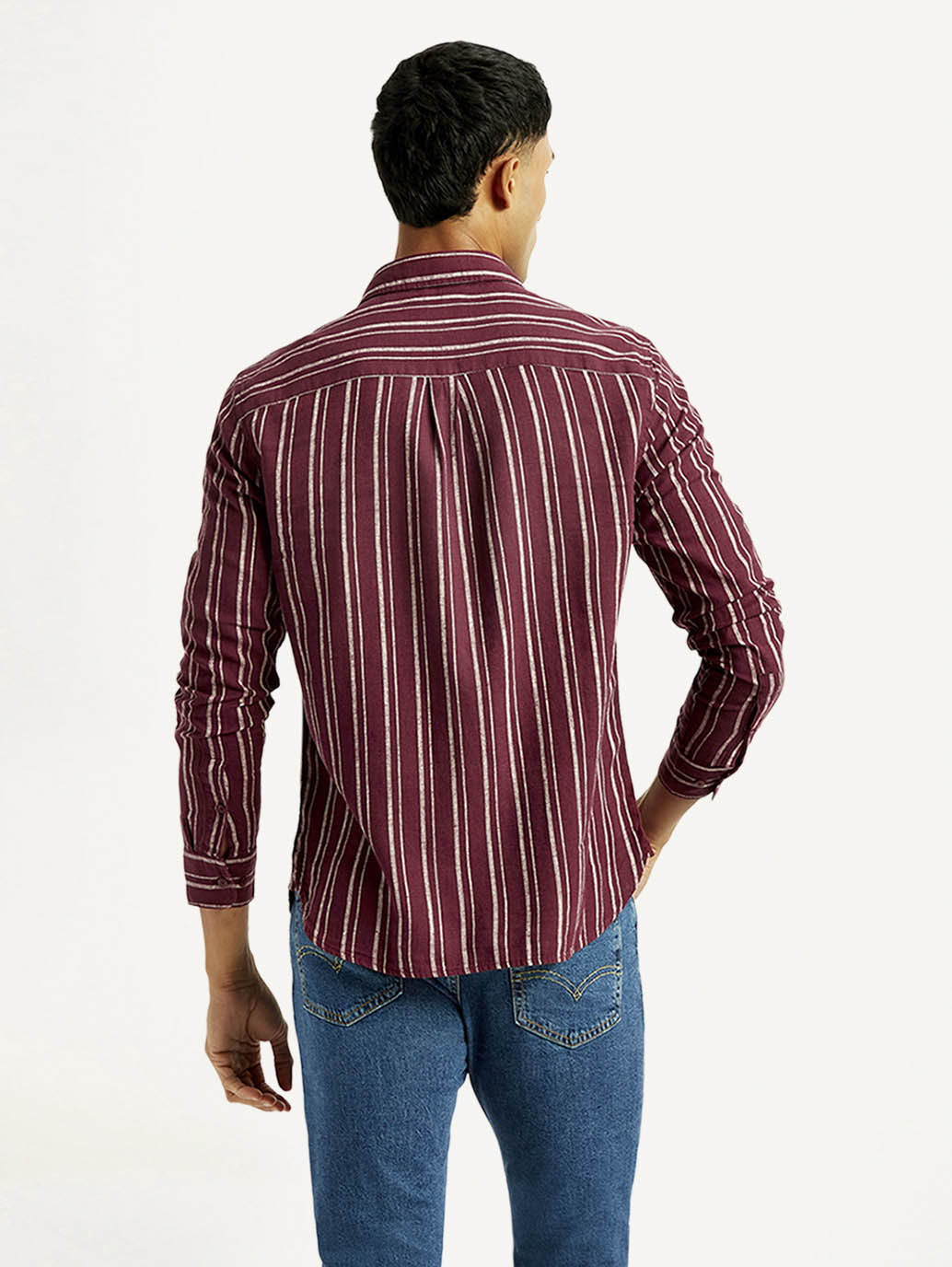 Men's Striped Slim Fit Linen Shirt - Back View