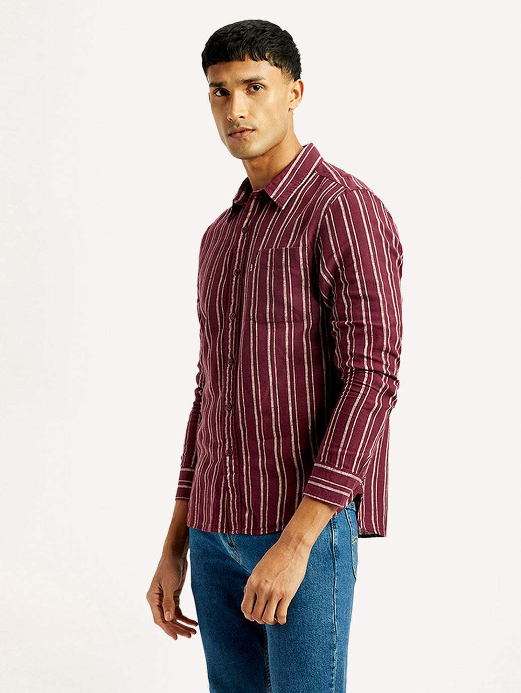 Men's Striped Slim Fit Linen Shirt - Side View