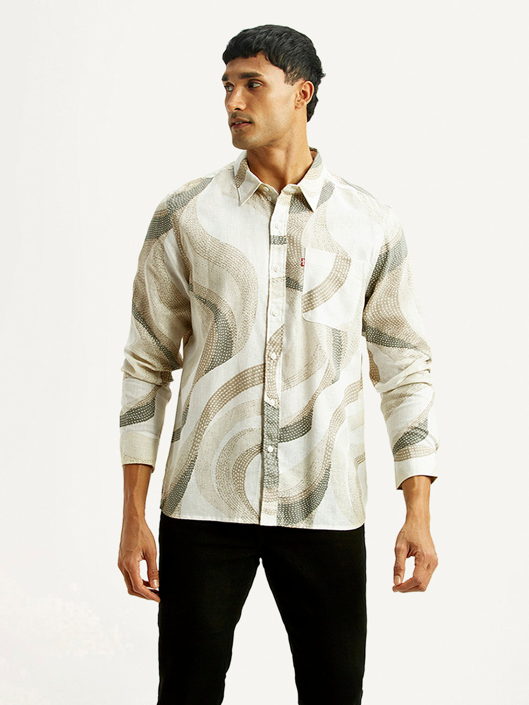 Men's Abstract Multicolor Slim Fit Linen Shirt - Front View